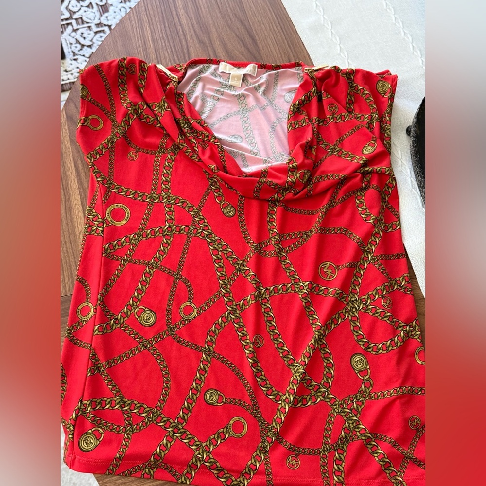 MICHAEL Michael Kors Red Chain-Print Cowl Neck Blouse